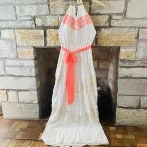Flying Tomato White Maxi Halter Rayon Lace dress size S boho beach hippie weddin